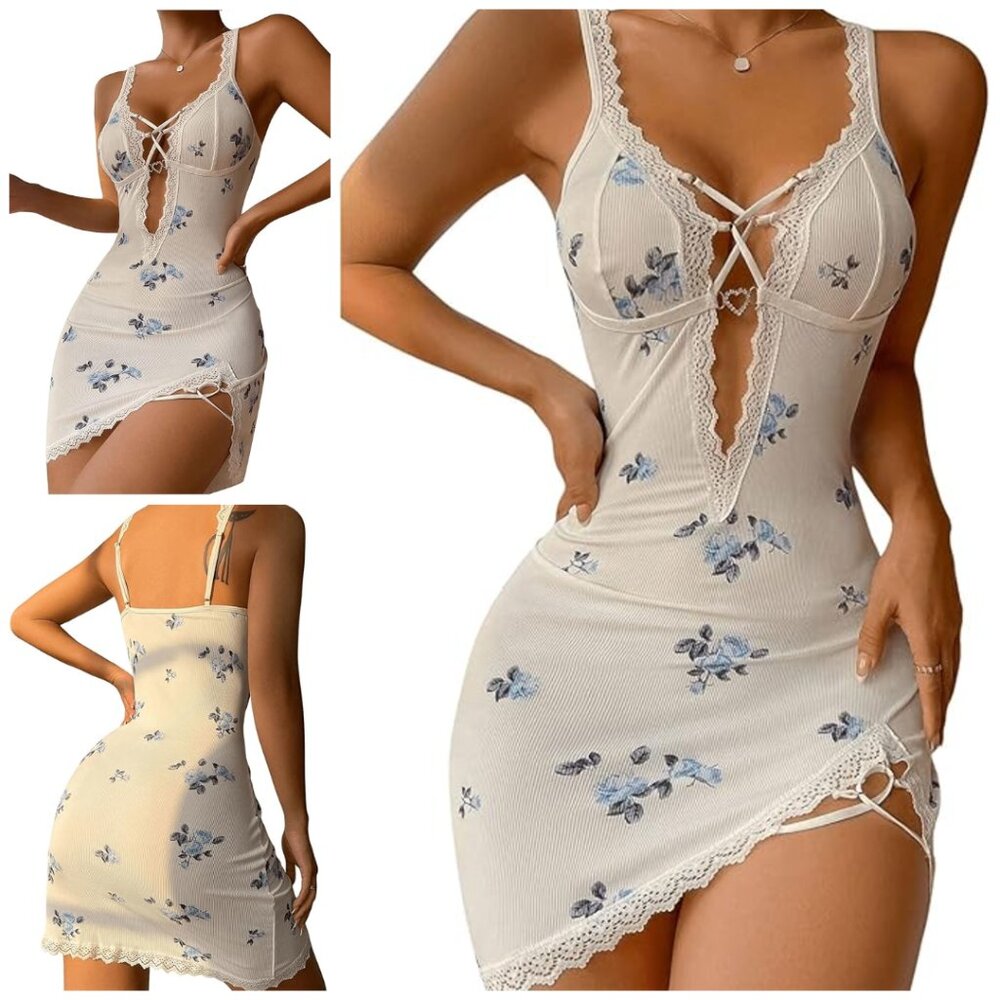 SHENHE Women's Ribbed Deep V Neck Floral Print Lace Trim Sexy Nightgown